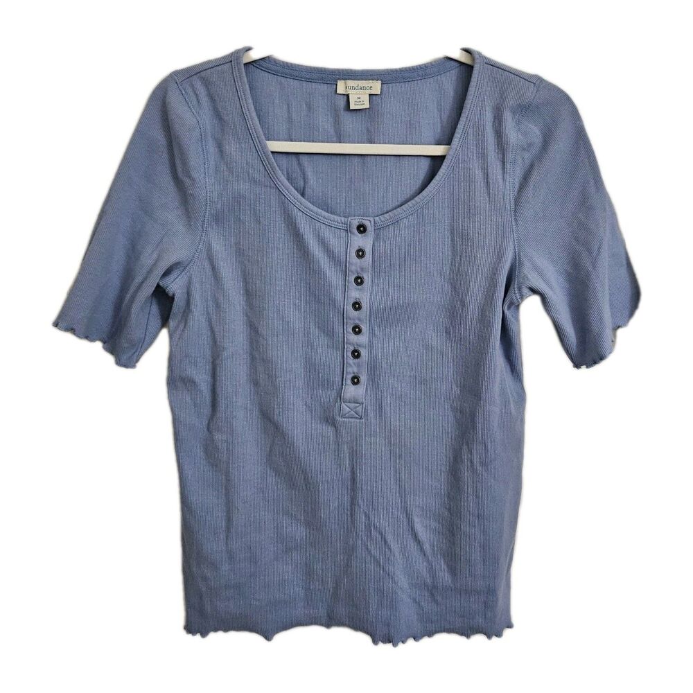 Sundance Blouse Medium Blue Henley Short Sleeve Ribbed Top Lettuce‎ Edge Stretch